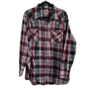 Ely Cattleman 2XBig 18.5x35 Western Plaid Pearl Snap Long Sleeve Shirt Red Gray